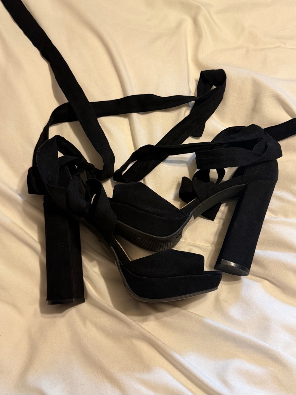 Forever 21 Black Suede Platform Wrap Heels